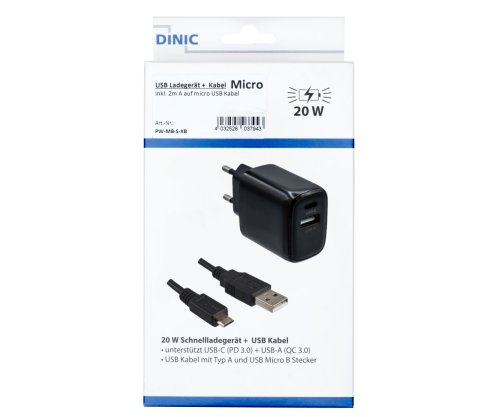 DINIC USB PD/QC 3.0 Ladeadapter inkl. micro USB Kabel 20W, 3,6V~5,9V/3A; 6~9V/2A; 9V~12V/1,5A, schwarz, 2m