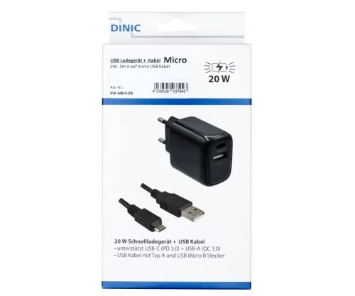 DINIC USB PD/QC 3.0 Ladeadapter inkl. micro USB Kabel 20W, 3,6V~5,9V/3A; 6~9V/2A; 9V~12V/1,5A, schwarz, 2m