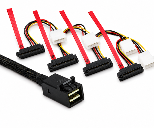 DINIC SAS Kabel SFF-8643 auf SFF-8482 gewinkelt, HD mini SAS auf 4x Data/Power, Low Profile, 0,75m