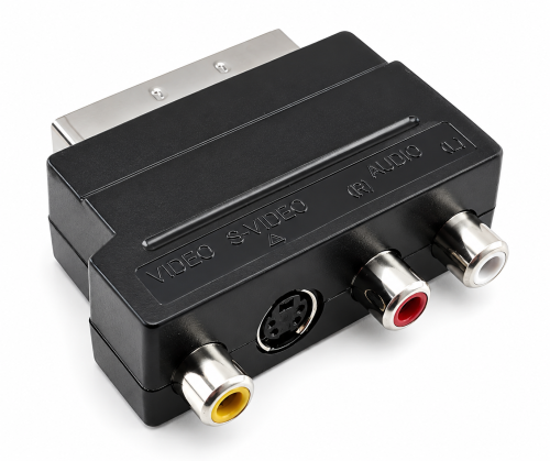 DINIC Scartstecker mit IN/OUT Umschalter, 3x Cinchbuchse und 4 pol. mini DIN-Buchse, Karton Box
