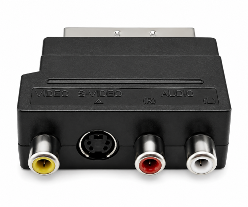 DINIC Scartstecker mit IN/OUT Umschalter, 3x Cinchbuchse und 4 pol. mini DIN-Buchse, Karton Box