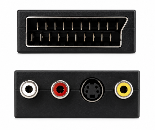 DINIC Scartstecker mit IN/OUT Umschalter, 3x Cinchbuchse und 4 pol. mini DIN-Buchse, Karton Box