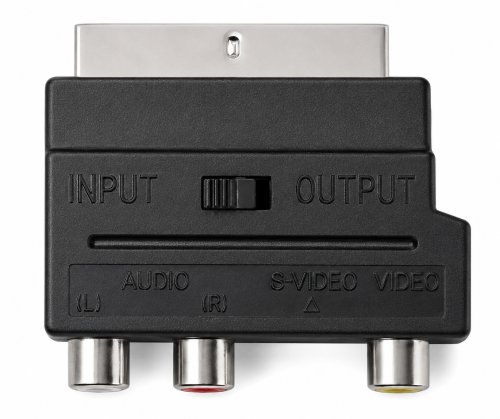 DINIC Scartstecker mit IN/OUT Umschalter, 3x Cinchbuchse und 4 pol. mini DIN-Buchse, Karton Box