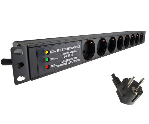 DINIC 19 Zoll Steckdosenleiste Aluminium, 8-fach, Überspannungsschutz, schwarz, 1,80m Kabel