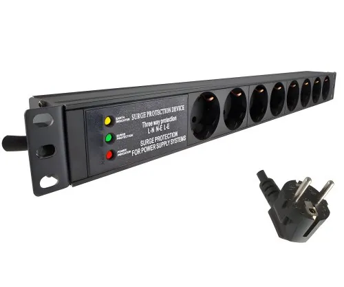 DINIC 19 Zoll Steckdosenleiste Aluminium, 8-fach, Überspannungsschutz, schwarz, 1,80m Kabel