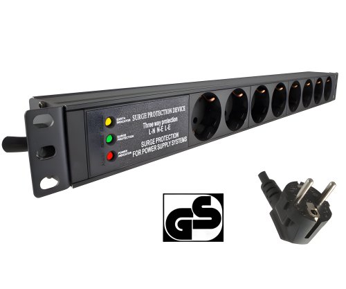 DINIC 19 Zoll Steckdosenleiste Aluminium, 8-fach, Überspannungsschutz, schwarz, 1,80m Kabel