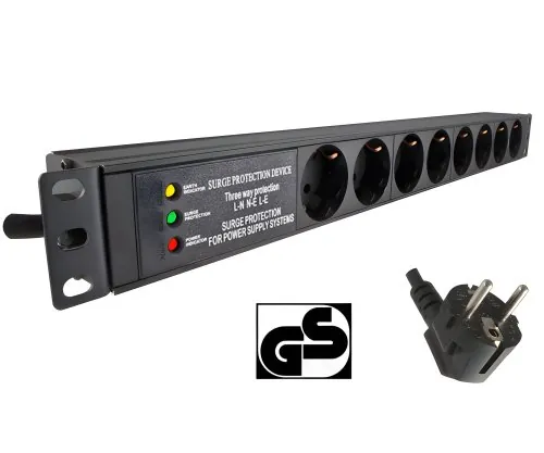 DINIC 19 Zoll Steckdosenleiste Aluminium, 8-fach, Überspannungsschutz, schwarz, 1,80m Kabel