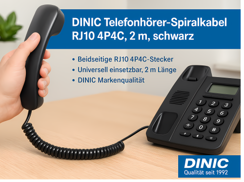 DINIC Telefonhörer-Spiralkabel, 2m, Box RJ10 4P4C Modularstecker auf Stecker, schwarz, 2m