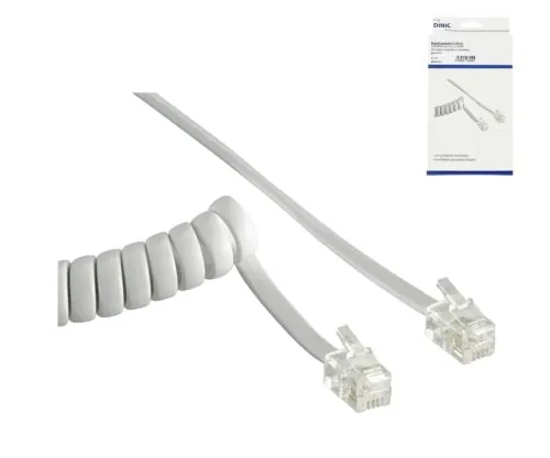DINIC Telefonhörer-Spiralkabel, 2m, Box RJ10 4P4C Modularstecker auf Stecker, weiß, 2m