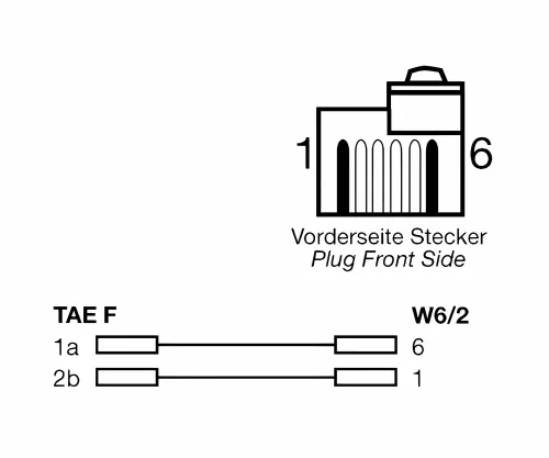DINIC Verbindungskabel TAE F auf Western 6/2 Stecker, DEC Typ mit versetzter Klinke, schwarz, 6m