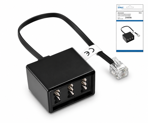 DINIC TAE Verteiler 3x TAE N/F/F Buchse auf RJ11/RJ45 Stecker (6P4C), schwarz, DINIC Box, 0,20m