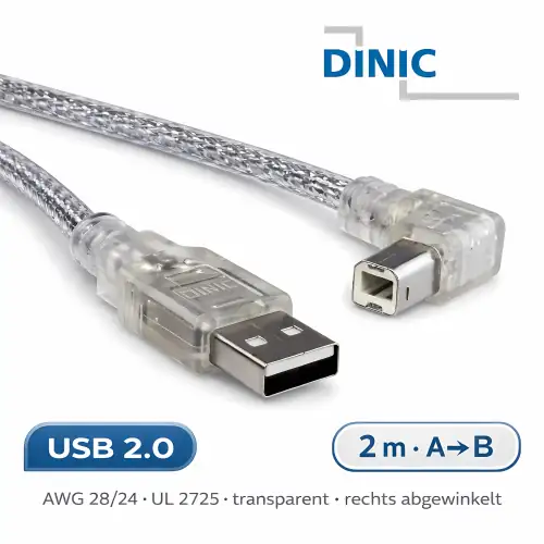 DINIC USB 2.0 Kabel A auf B St. rechts abgewinkelt, 2m transparent, AWG 28/24
