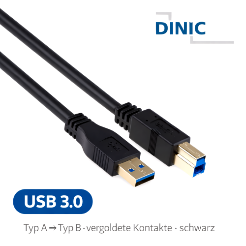 DINIC USB 3.0 Kabel A Stecker auf B Stecker, 3P AWG 28/1P AWG 24, vergoldete Kontakte, schwarz, 1m