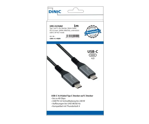 DINIC USB C 4.0 Kabel, 240W PD, 40Gbps, 1m Typ C auf C, Alu Stecker, Nylon Kabel, DINIC Box