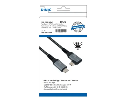 DINIC USB C 4.0 Kabel, gerade auf 90° Winkel, 0,5m PD 240W, 40Gbps, Alu Stecker, Nylon Kabel, KB Box