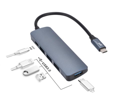 DINIC USB Typ C Adapter USB A 4-Port HUB+PD, 4x USB 3.0 + Typ C Ladebuchse, space grau, DINIC Polybag