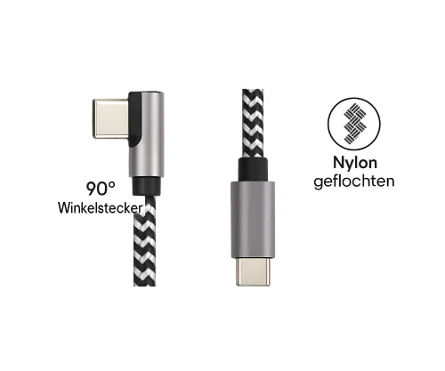 DINIC USB-C auf C 90° Ladekabel, HQ Alu Stecker, 60w, Nylon Kabel, Space Grey, Aktionsbox, 1,00m