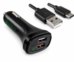 DINIC USB KFZ QC3 Ladeadapter + USB C auf A Kabel, Ausg. 1: 5V 2,4A; Ausg. 2: 5V/3A, 9V/2A, 12V/1,5A, schwarz, 1m